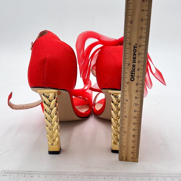 FSJ Red Mesh Gold Metal Chain Chunky High Heels Ankle Strap Open Toe Sandals - Picture 5 of 8